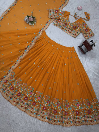 Mustard Stylish Faux Georgette Lehenga Choli Set with Sequin Embroidery & Side Zip Closure – With Dupatta ClothsVilla