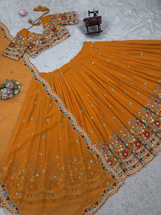 Mustard Stylish Faux Georgette Lehenga Choli Set with Sequin Embroidery & Side Zip Closure – With Dupatta ClothsVilla