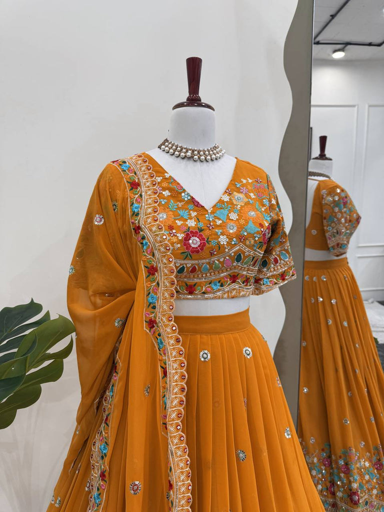 Mustard Stylish Faux Georgette Lehenga Choli Set with Sequin Embroidery & Side Zip Closure – With Dupatta ClothsVilla
