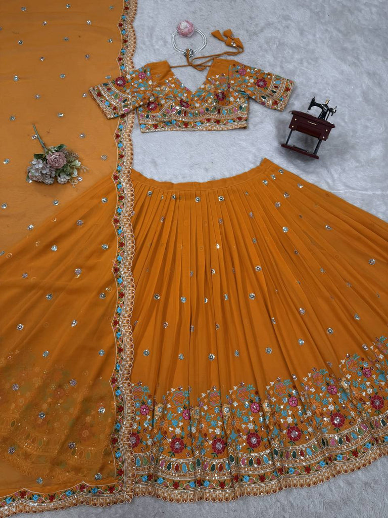 Mustard Stylish Faux Georgette Lehenga Choli Set with Sequin Embroidery & Side Zip Closure – With Dupatta ClothsVilla