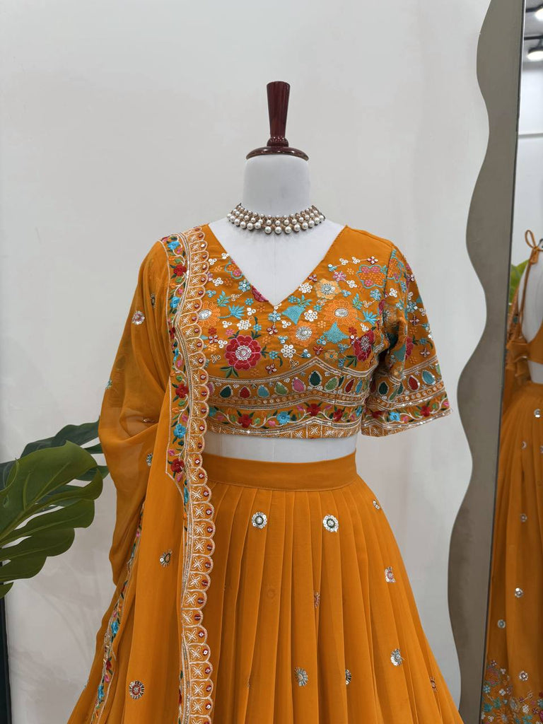 Mustard Stylish Faux Georgette Lehenga Choli Set with Sequin Embroidery & Side Zip Closure – With Dupatta ClothsVilla