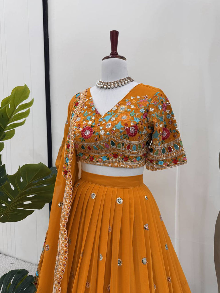 Mustard Stylish Faux Georgette Lehenga Choli Set with Sequin Embroidery & Side Zip Closure – With Dupatta ClothsVilla