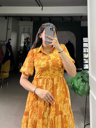 Mustard Sun-Kissed Elegance Floral Georgette Frock ClothsVilla
