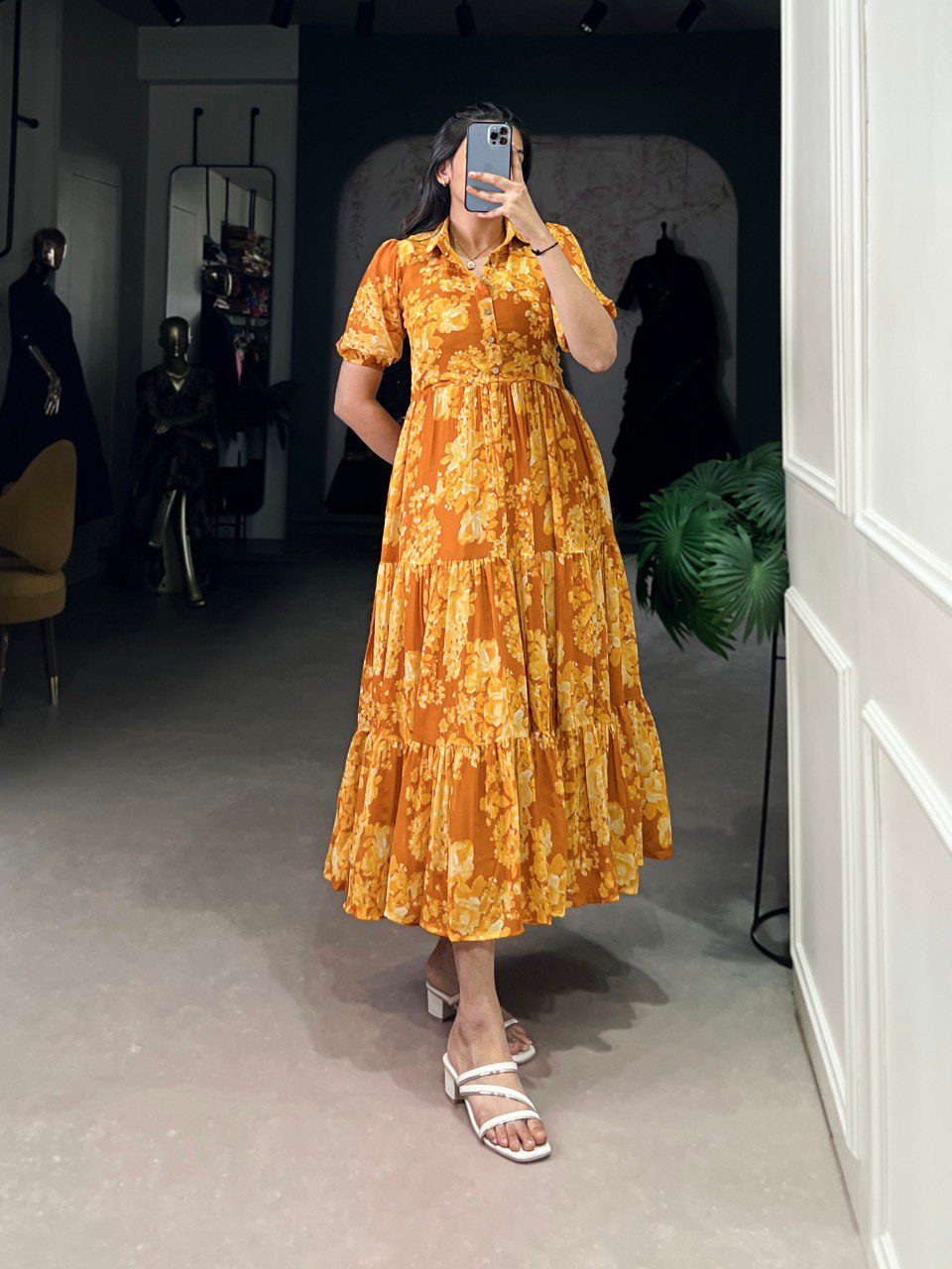 Mustard Sun-Kissed Elegance Floral Georgette Frock ClothsVilla Main image