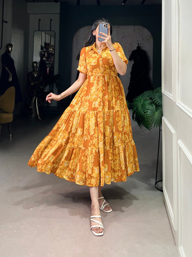 Mustard Sun-Kissed Elegance Floral Georgette Frock ClothsVilla