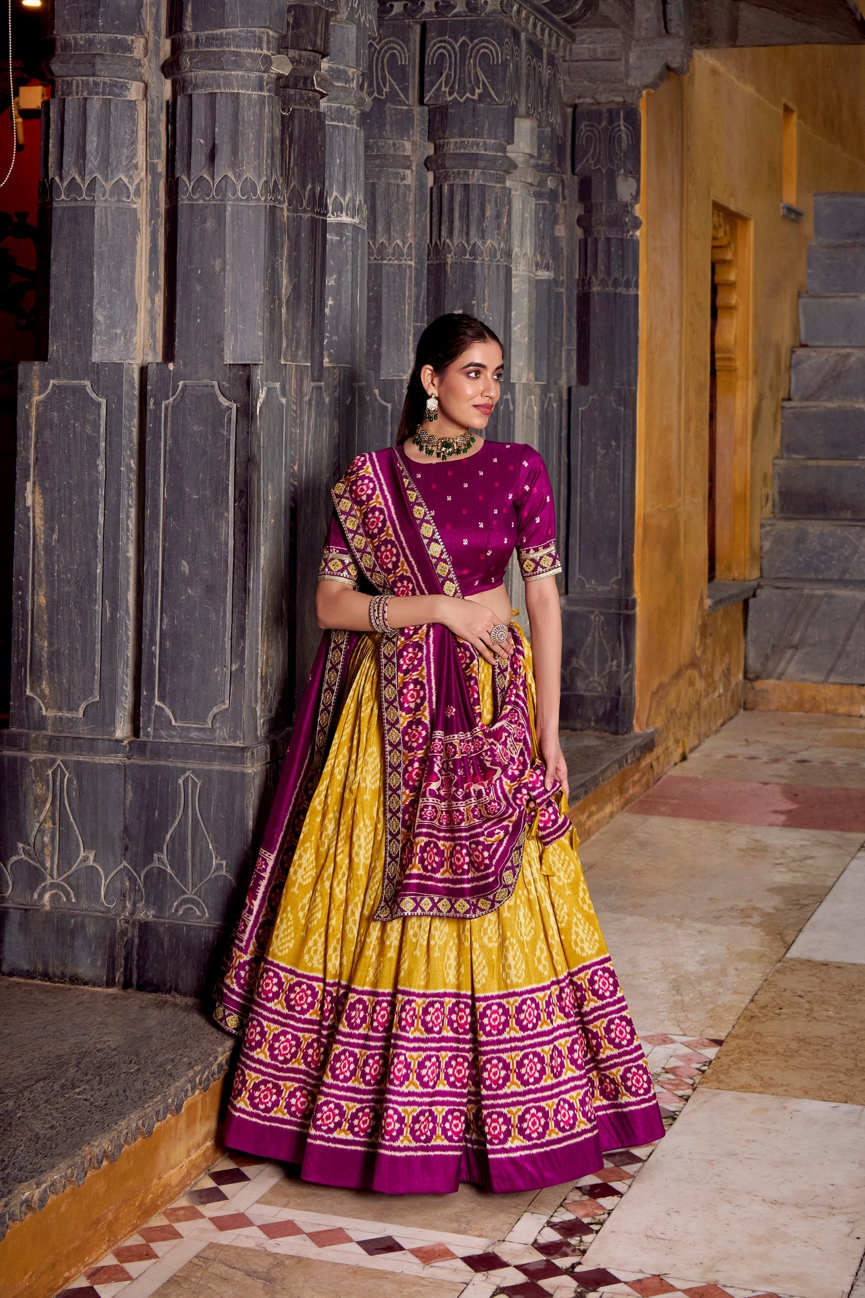 Mustard Tasar Silk Ikkat Print Lehenga Set with Embroidered Blouse & Dupatta Secondary image