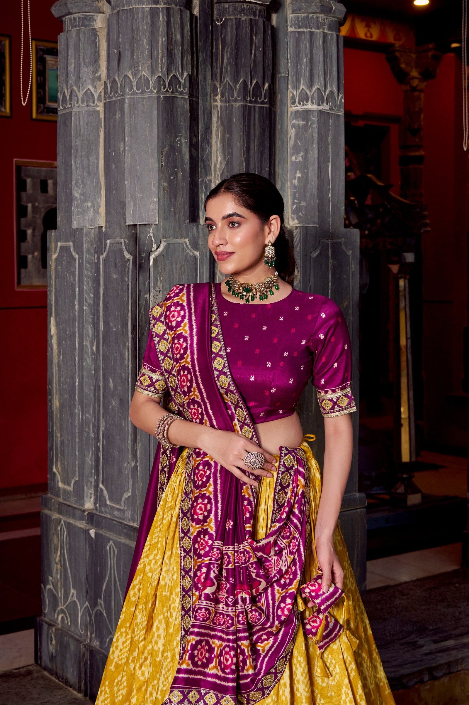 Mustard Tasar Silk Ikkat Print Lehenga Set with Embroidered Blouse & Dupatta ClothsVilla