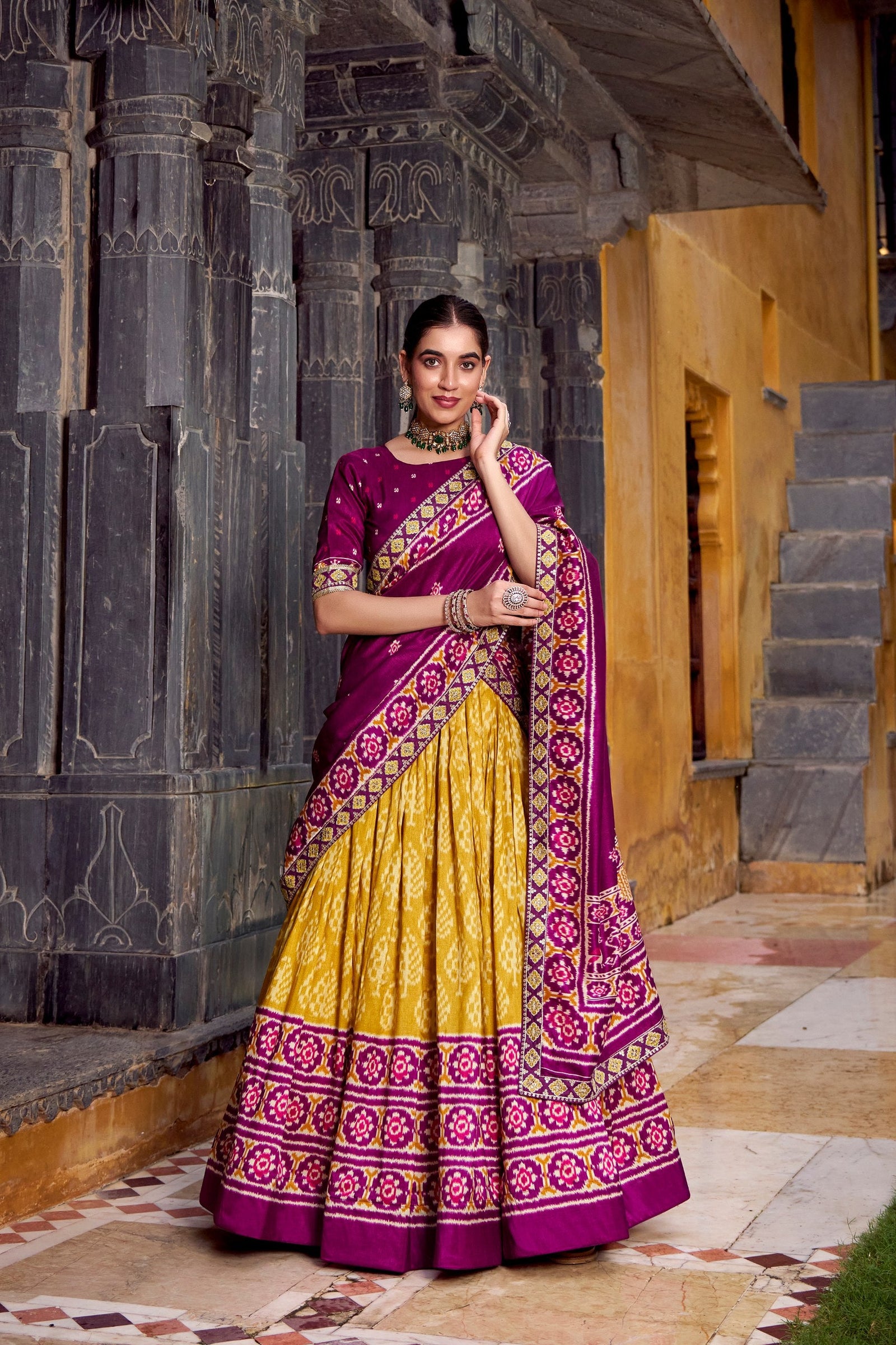 Mustard Tasar Silk Ikkat Print Lehenga Set with Embroidered Blouse & Dupatta ClothsVilla
