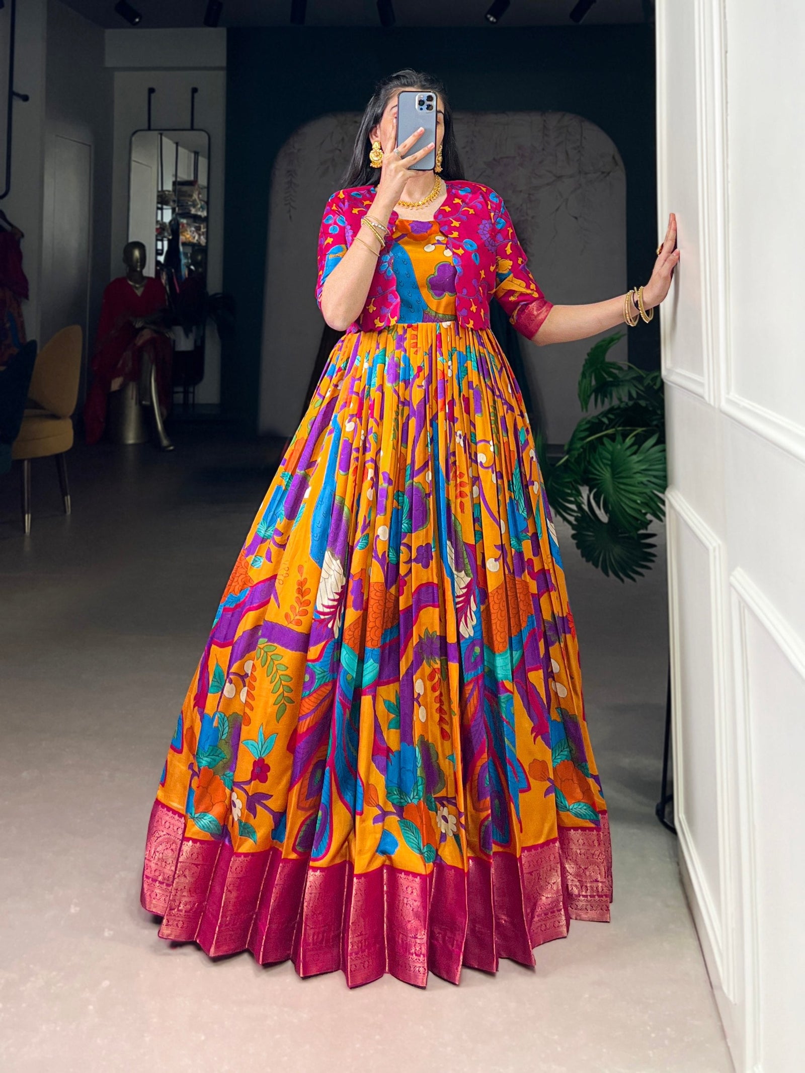 Mustard Tasar Silk Kalamkari Print Stitched Gown with Zari Weaving Koti – Full Flair Party Wear Gown Set for Women ClothsVilla