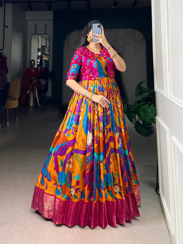 Mustard Tasar Silk Kalamkari Print Stitched Gown with Zari Weaving Koti – Full Flair Party Wear Gown Set for Women ClothsVilla