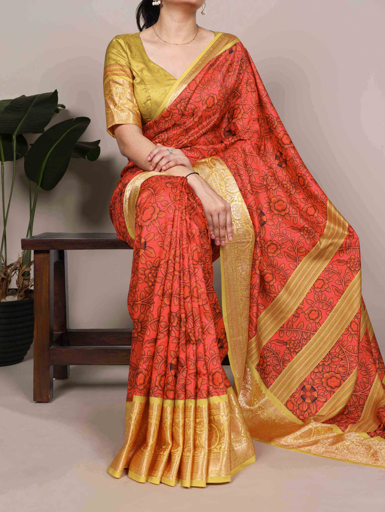 Mustard Tasar Silk Printed Saree ClothsVilla