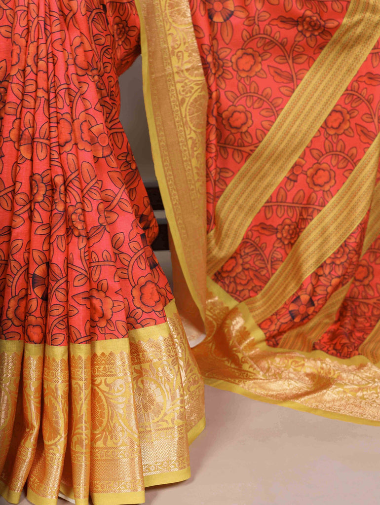 Mustard Tasar Silk Printed Saree ClothsVilla