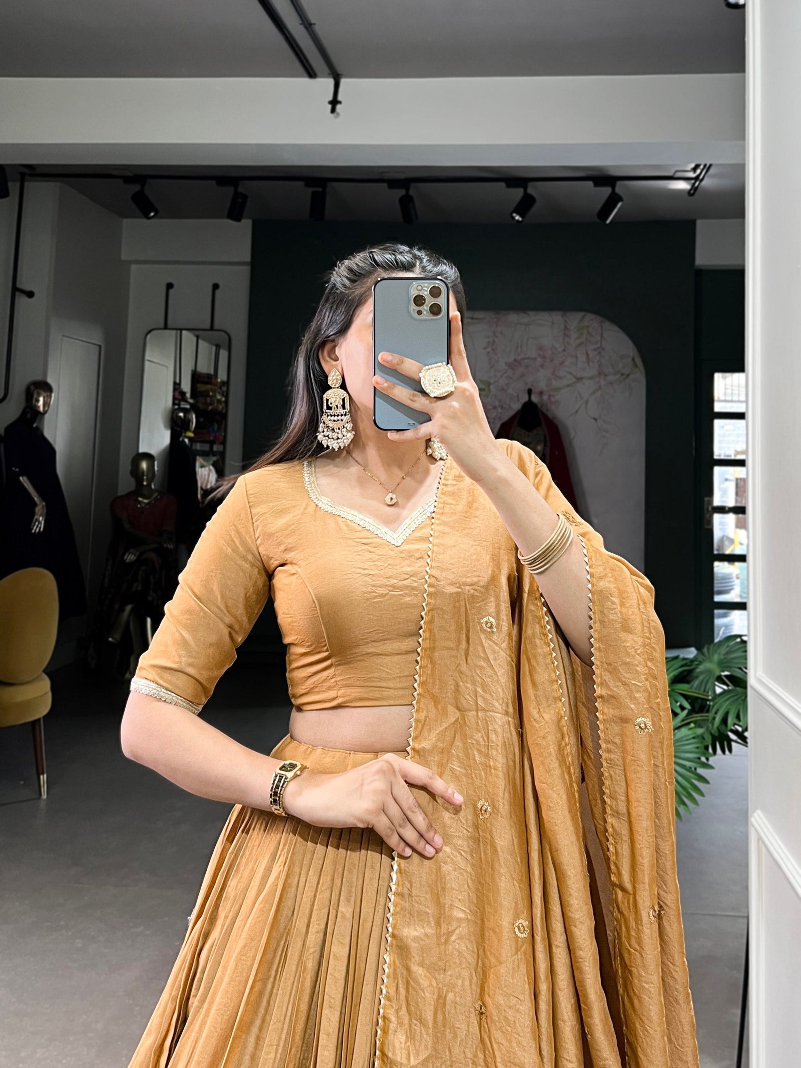 Mustard Timeless Elegance – Pure Chanderi Lehenga Set with Zari Border & Sequin Embellished Dupatta ClothsVilla