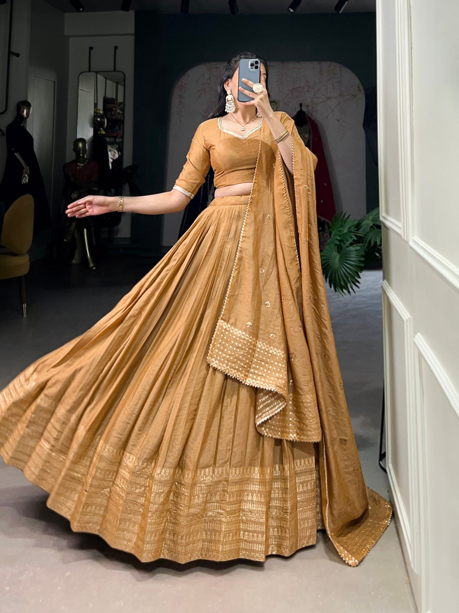 Mustard Timeless Elegance – Pure Chanderi Lehenga Set with Zari Border & Sequin Embellished Dupatta ClothsVilla