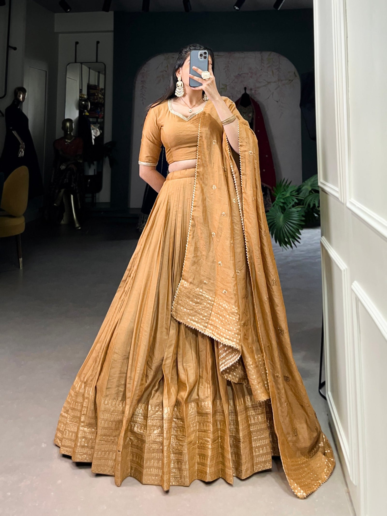 Mustard Timeless Elegance – Pure Chanderi Lehenga Set with Zari Border & Sequin Embellished Dupatta ClothsVilla