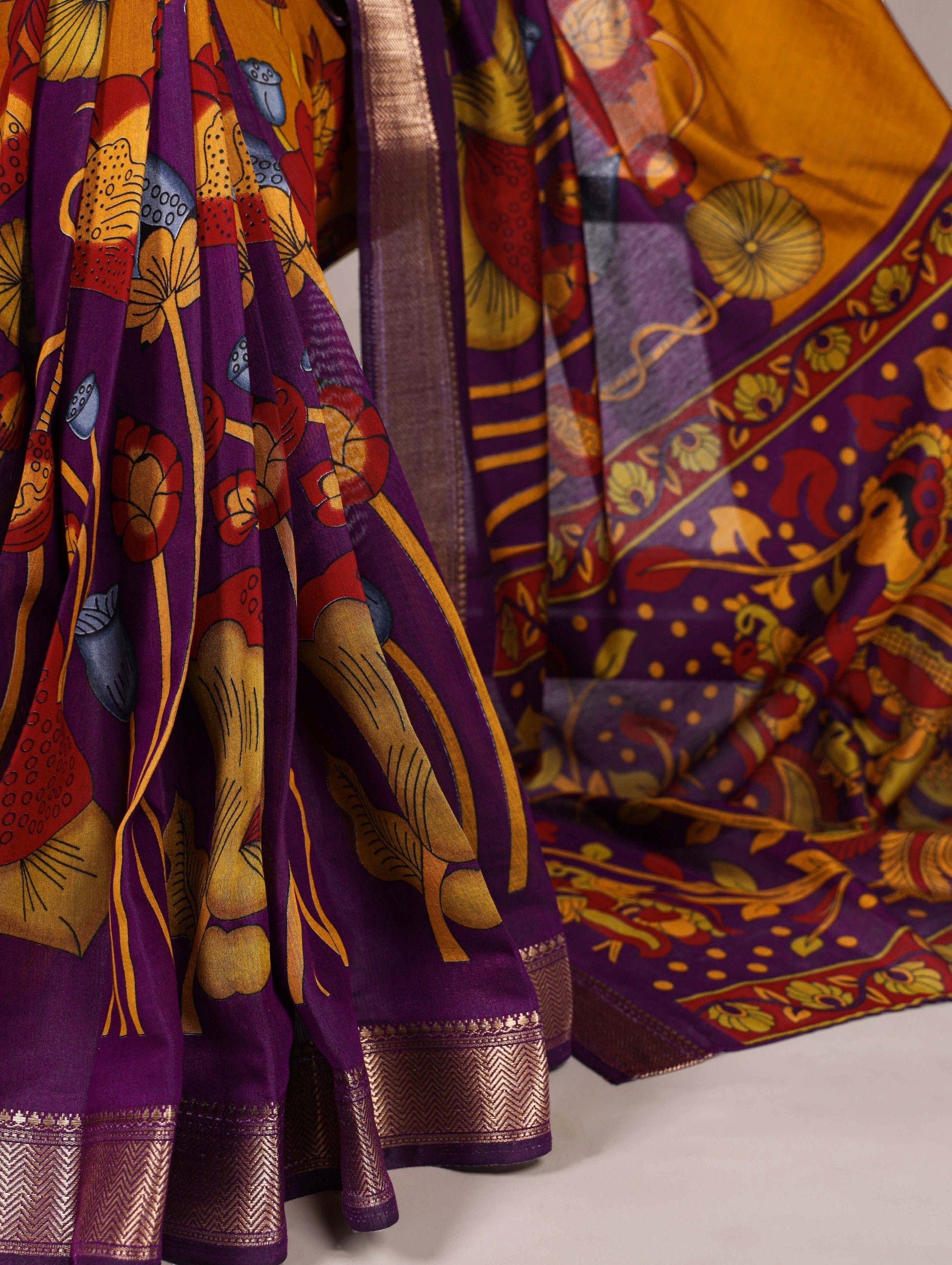 Mustard Traditional Floral Printed Chanderi Saree with Zari Weaving Work Clothsvilla