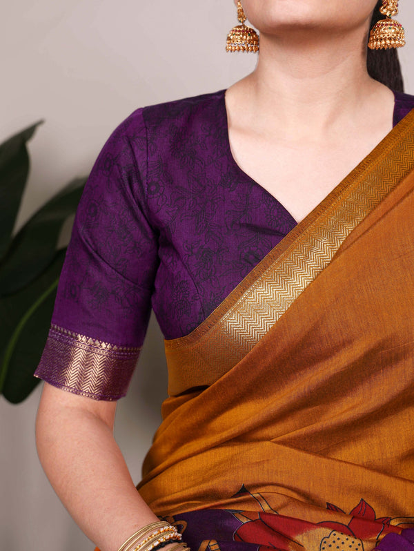 Mustard Traditional Floral Printed Chanderi Saree with Zari Weaving Work Clothsvilla