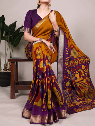 Mustard Traditional Floral Printed Chanderi Saree with Zari Weaving Work Clothsvilla