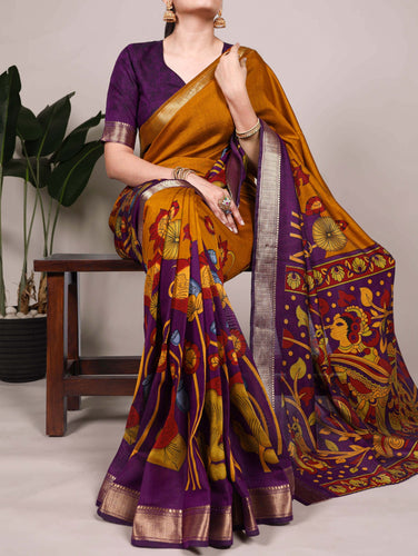 Mustard Traditional Floral Printed Chanderi Saree with Zari Weaving Work Clothsvilla