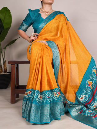 Mustard Tussar Chex Saree with Patola Print and Weaving Work Border