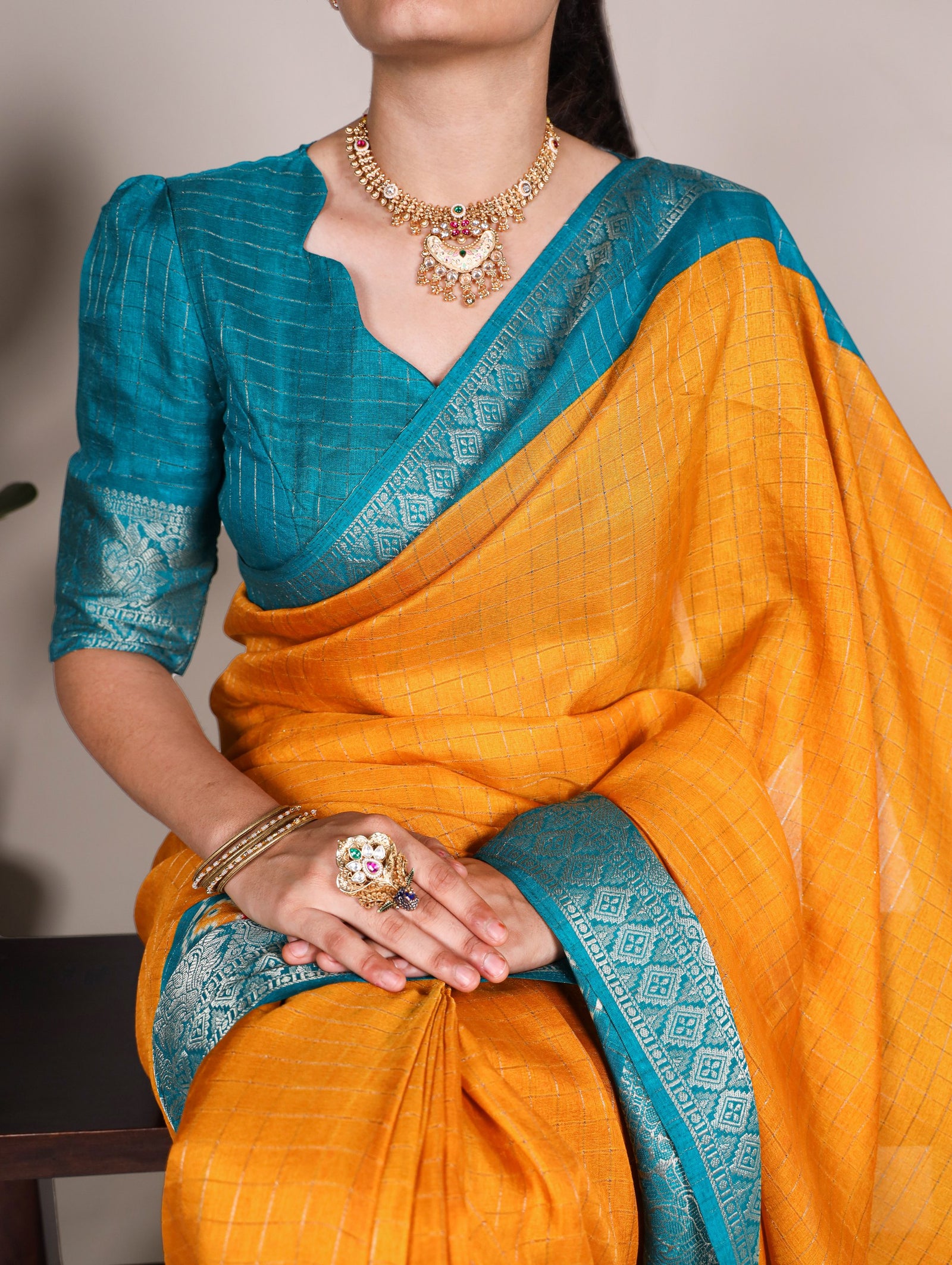 Mustard Tussar Chex Saree with Patola Print and Weaving Work Border