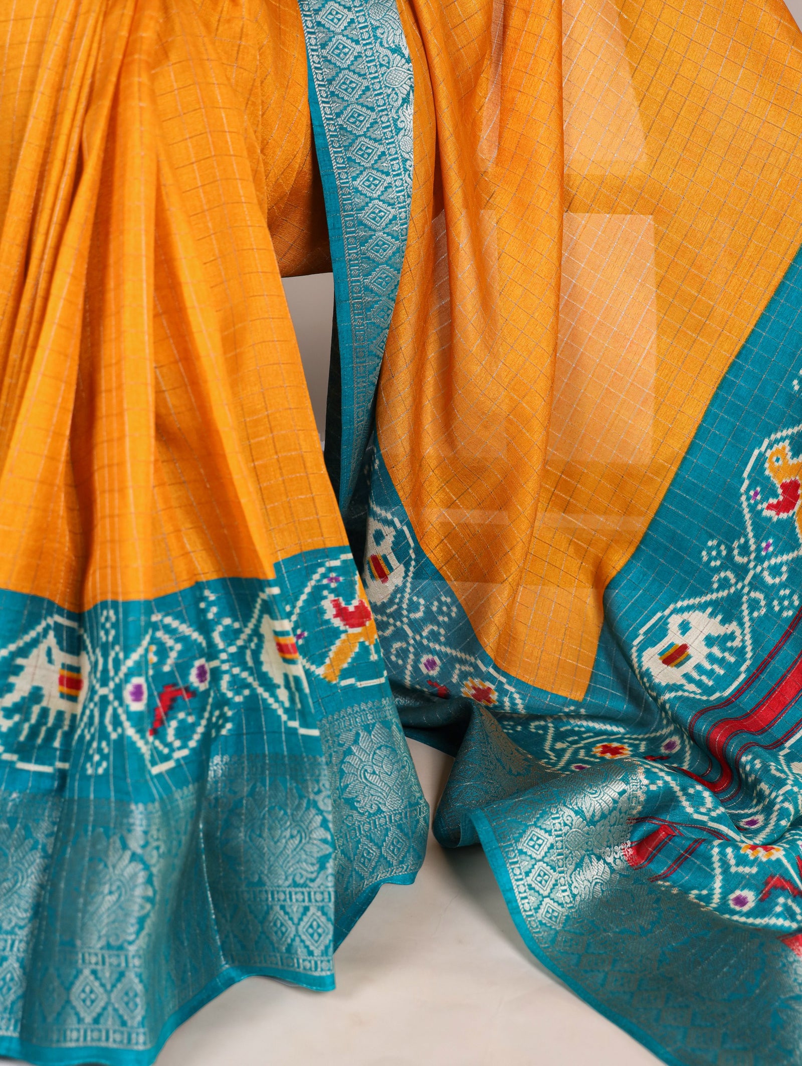 Mustard Tussar Chex Saree with Patola Print and Weaving Work Border