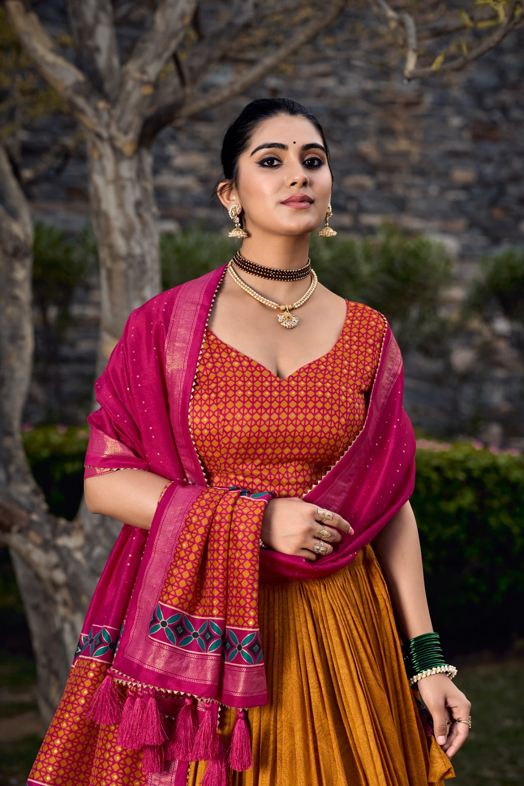 Mustard Tussar Silk Lehenga Choli with Exquisite Foil Print Florals ClothsVilla