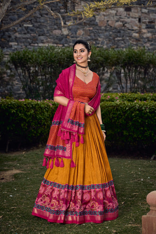 Mustard Tussar Silk Lehenga Choli with Exquisite Foil Print Florals ClothsVilla