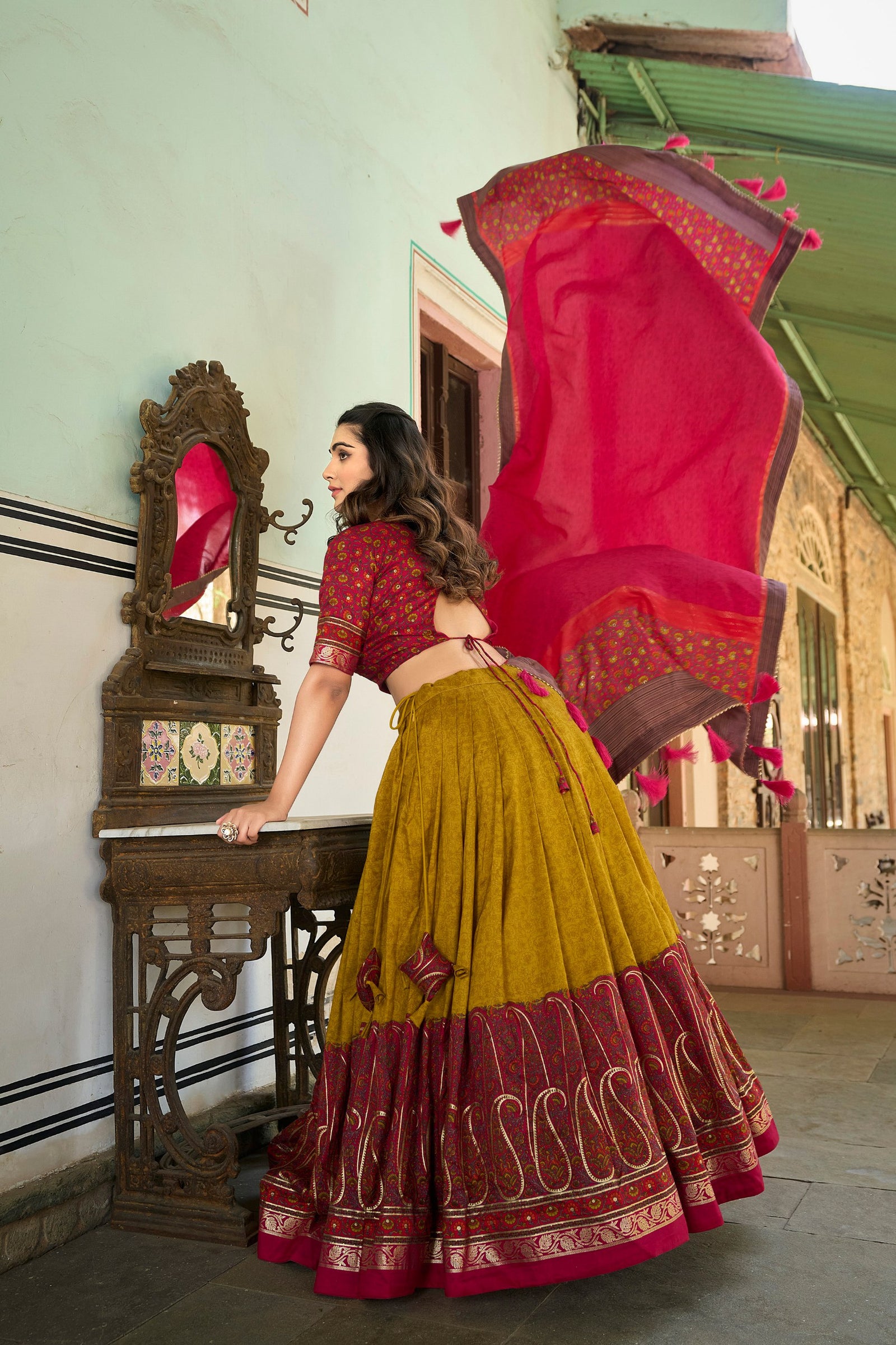 Mustard Tussar Silk Lehenga Choli with Stunning Kashmiri Foil Print - Perfect for Weddings & Festivals ClothsVilla
