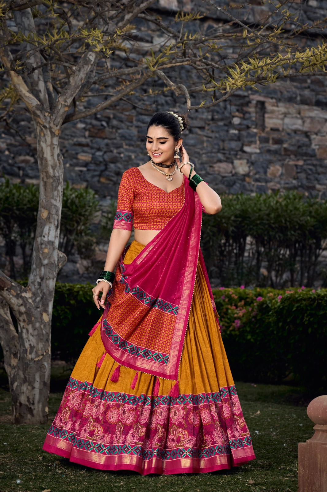 Mustard Tussar Silk Lehenga Choli with Exquisite Foil Print Florals ClothsVilla