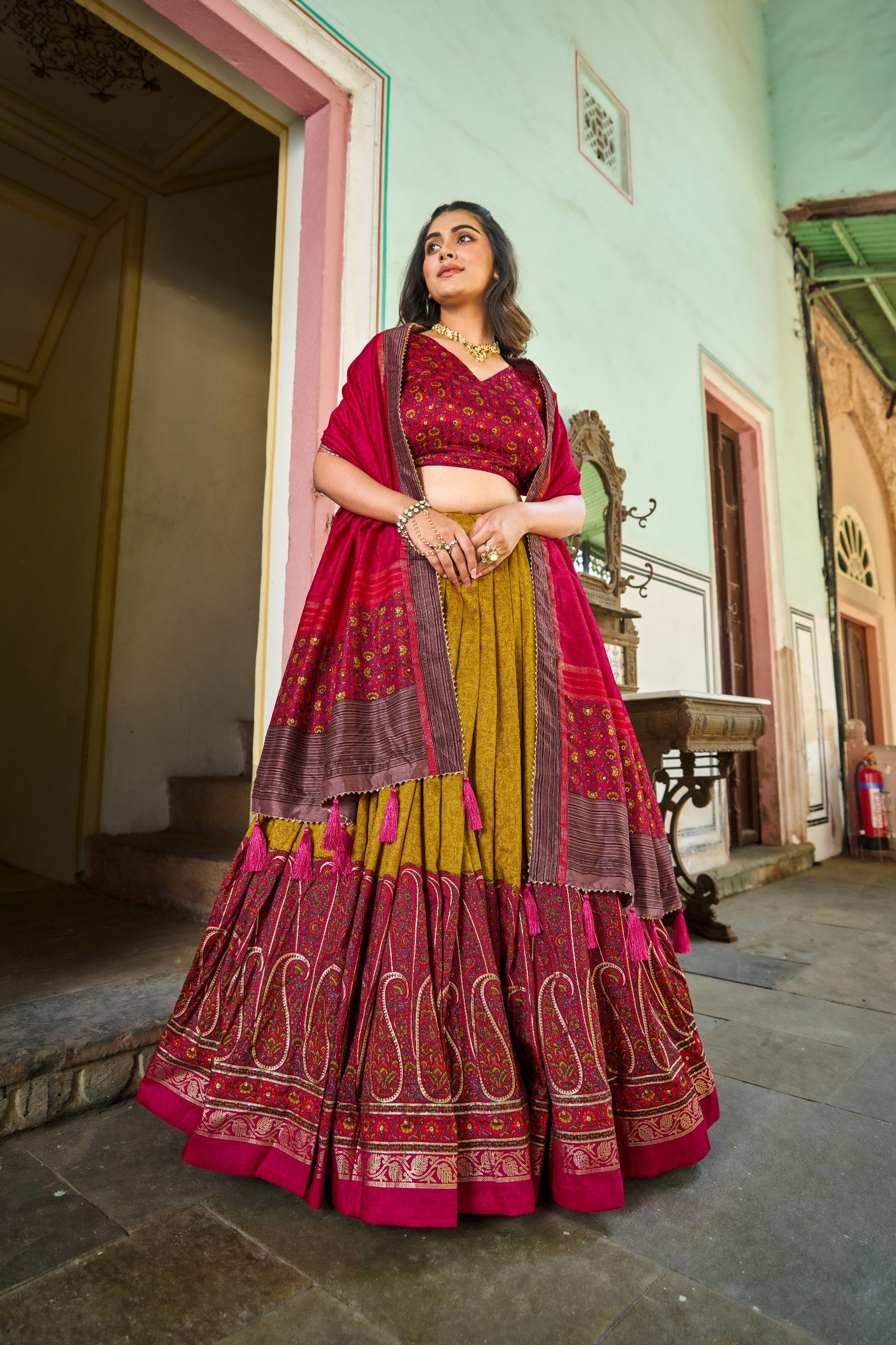 Mustard Tussar Silk Lehenga Choli with Stunning Kashmiri Foil Print - Perfect for Weddings & Festivals ClothsVilla Main image