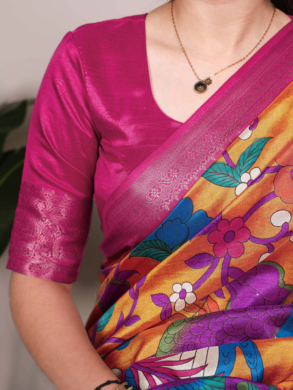 Mustard Tussar Silk Printed Saree with Zari Weaving Work & Viscose Border Blouse ClothsVilla
