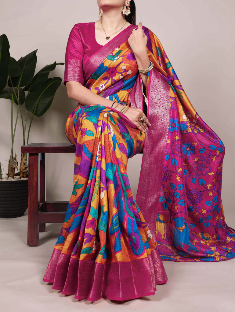 Mustard Tussar Silk Printed Saree with Zari Weaving Work & Viscose Border Blouse ClothsVilla