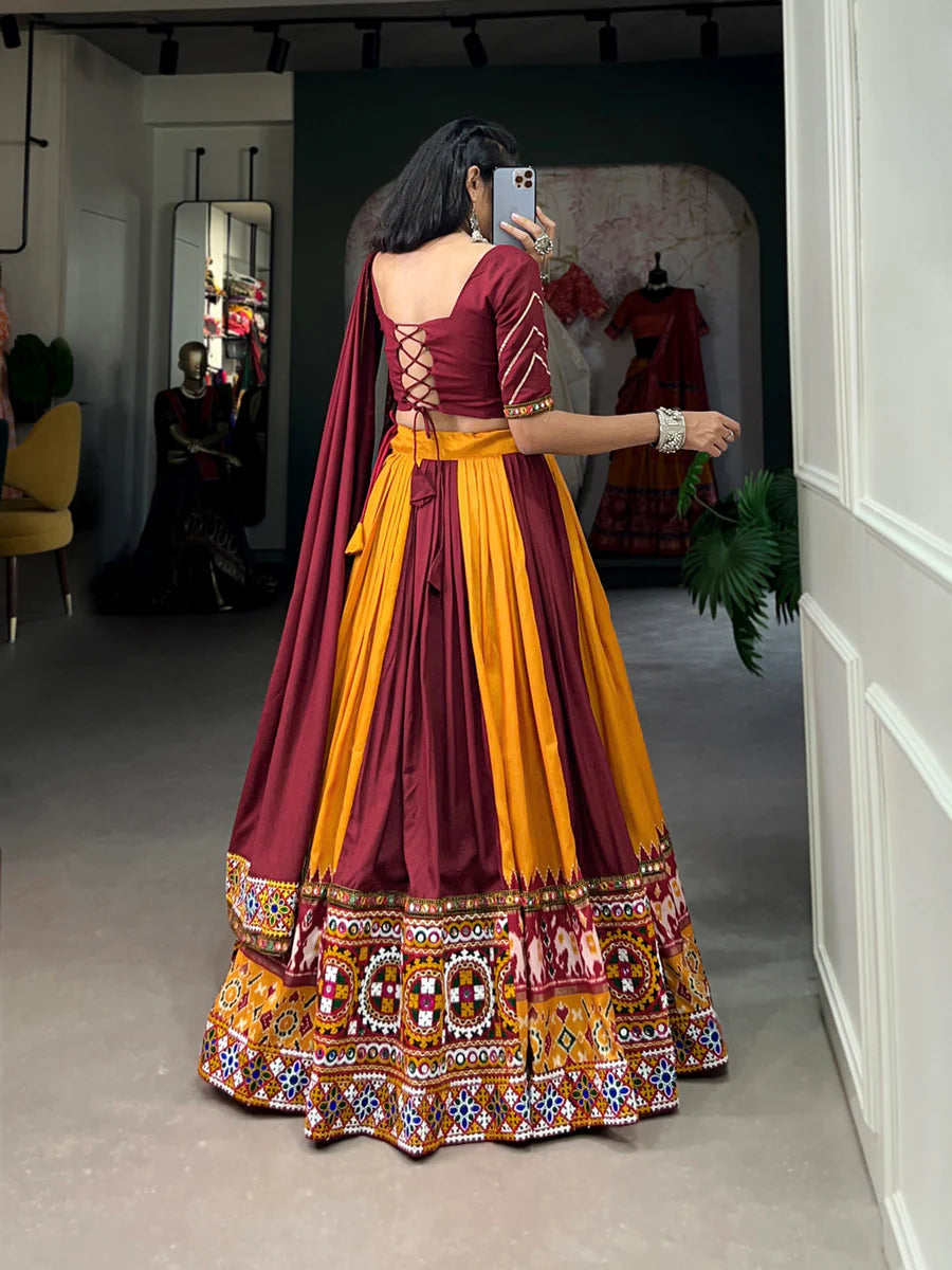 Mustard Vibrant Printed Silk Lehenga with Gamthi & Mirror Work ClothsVilla