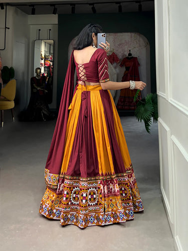 Mustard Vibrant Printed Silk Lehenga with Gamthi & Mirror Work ClothsVilla