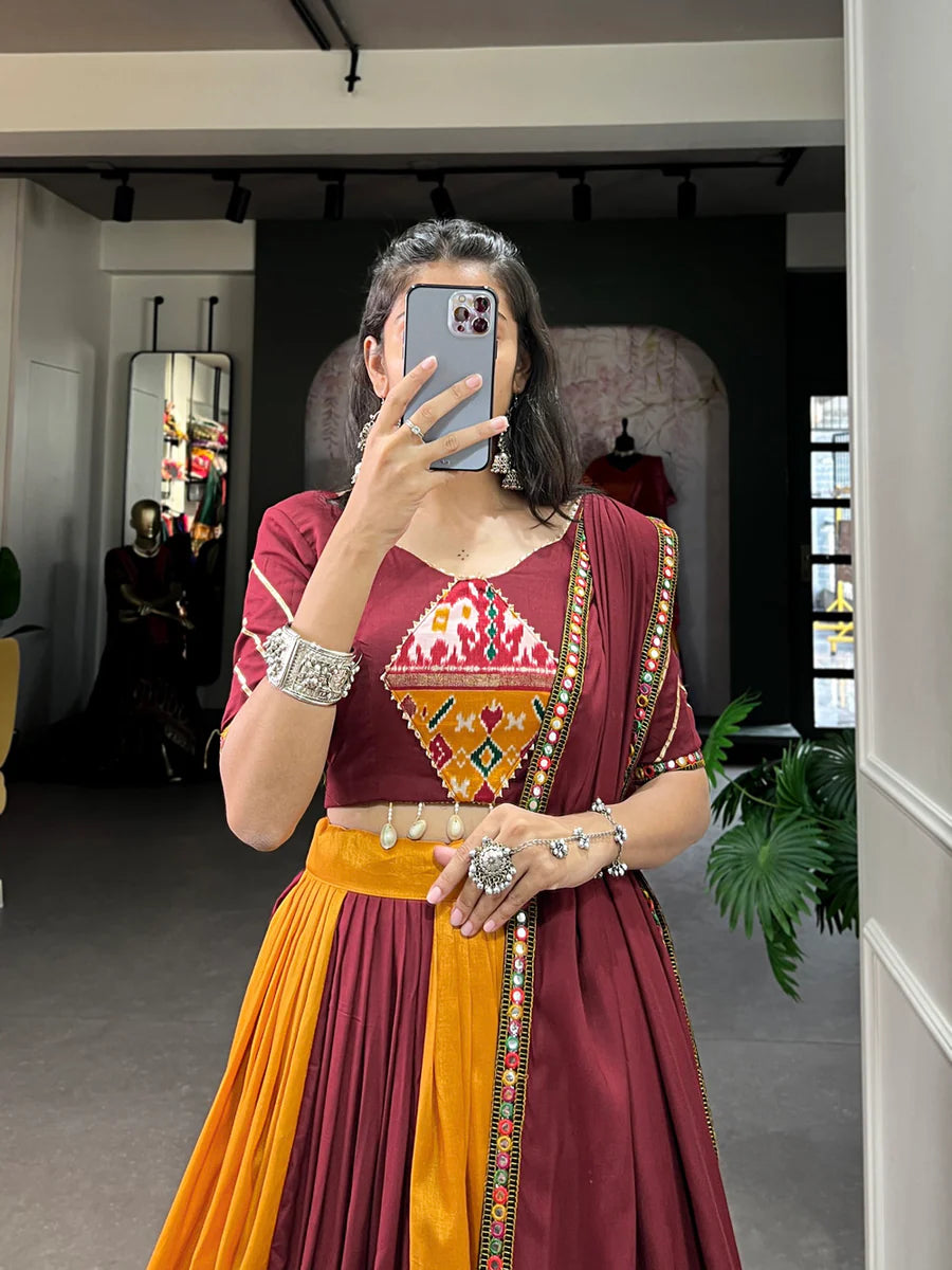 Mustard Vibrant Printed Silk Lehenga with Gamthi & Mirror Work ClothsVilla