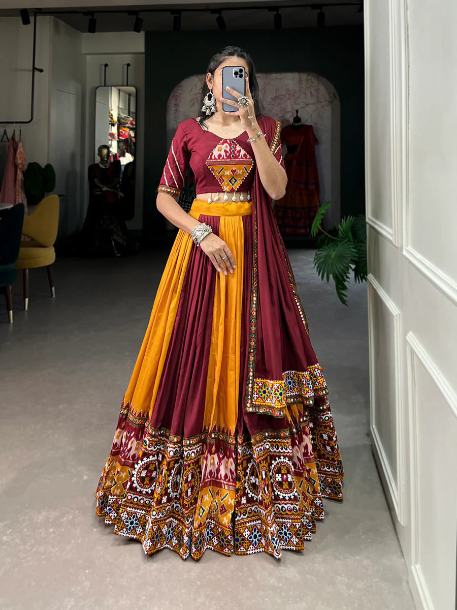 Mustard Vibrant Printed Silk Lehenga with Gamthi & Mirror Work ClothsVilla