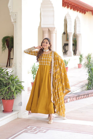 Mustard Vichitra Sequins & Zari Embroidered Gown with 4.2-Meter Flair & Matching Embroidered Dupatta – Full-Sleeve Designer Anarkali Gown Set ClothsVilla
