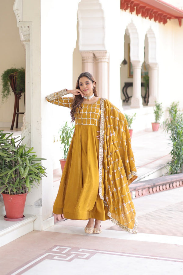Mustard Vichitra Sequins & Zari Embroidered Gown with 4.2-Meter Flair & Matching Embroidered Dupatta – Full-Sleeve Designer Anarkali Gown Set ClothsVilla
