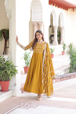 Mustard Vichitra Sequins & Zari Embroidered Gown with 4.2-Meter Flair & Matching Embroidered Dupatta – Full-Sleeve Designer Anarkali Gown Set ClothsVilla
