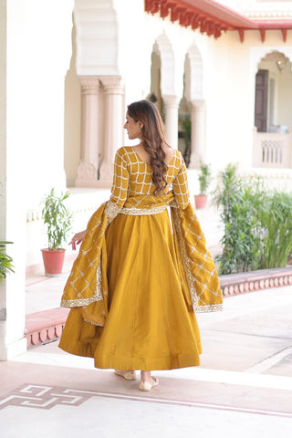 Mustard Vichitra Sequins & Zari Embroidered Gown with 4.2-Meter Flair & Matching Embroidered Dupatta – Full-Sleeve Designer Anarkali Gown Set ClothsVilla