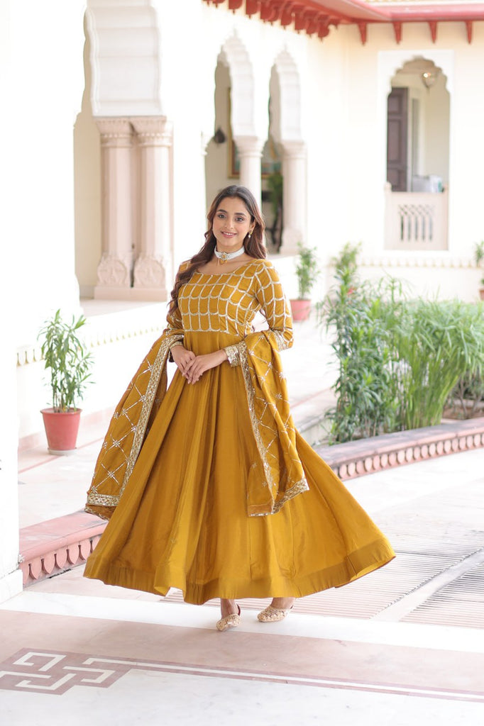 Mustard Vichitra Sequins & Zari Embroidered Gown with 4.2-Meter Flair & Matching Embroidered Dupatta – Full-Sleeve Designer Anarkali Gown Set ClothsVilla