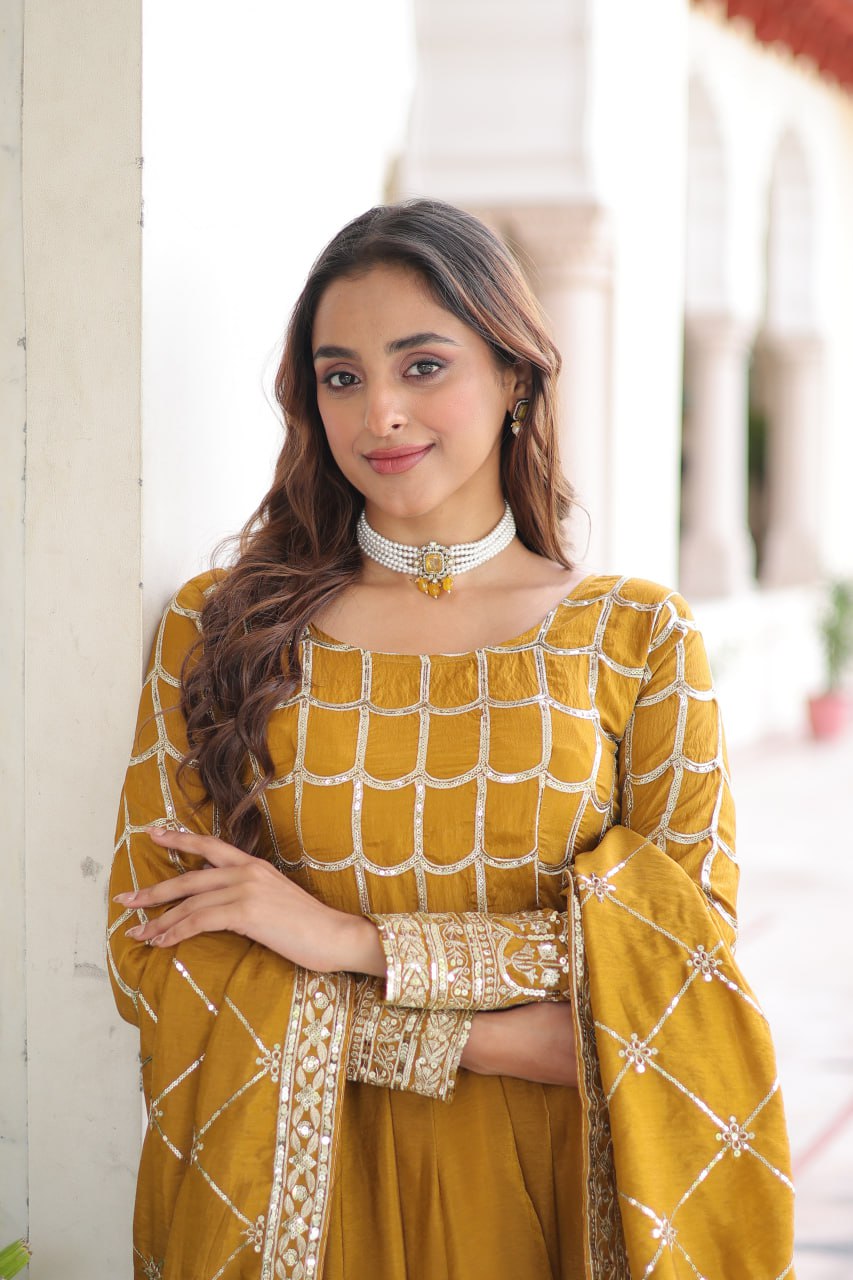 Mustard Vichitra Sequins & Zari Embroidered Gown with 4.2-Meter Flair & Matching Embroidered Dupatta – Full-Sleeve Designer Anarkali Gown Set ClothsVilla