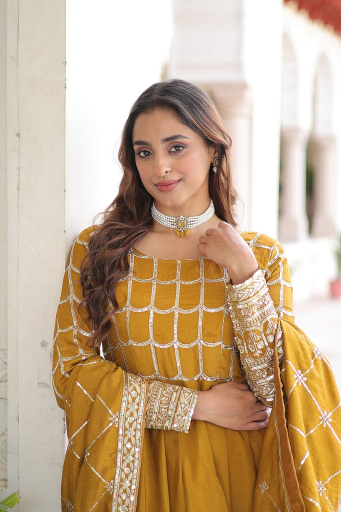 Mustard Vichitra Sequins & Zari Embroidered Gown with 4.2-Meter Flair & Matching Embroidered Dupatta – Full-Sleeve Designer Anarkali Gown Set ClothsVilla