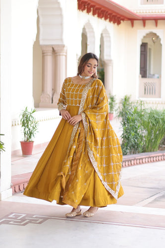 Mustard Vichitra Sequins & Zari Embroidered Gown with 4.2-Meter Flair & Matching Embroidered Dupatta – Full-Sleeve Designer Anarkali Gown Set ClothsVilla