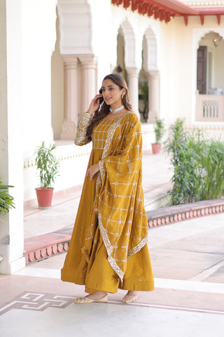 Mustard Vichitra Sequins & Zari Embroidered Gown with 4.2-Meter Flair & Matching Embroidered Dupatta – Full-Sleeve Designer Anarkali Gown Set ClothsVilla