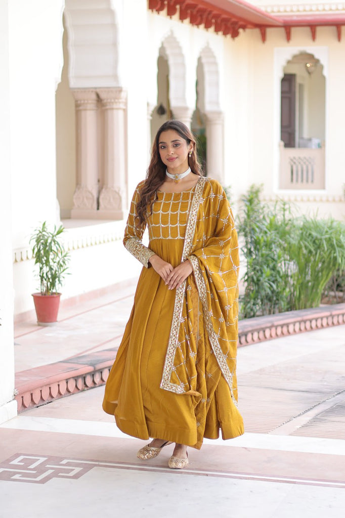 Mustard Vichitra Sequins & Zari Embroidered Gown with 4.2-Meter Flair & Matching Embroidered Dupatta – Full-Sleeve Designer Anarkali Gown Set ClothsVilla