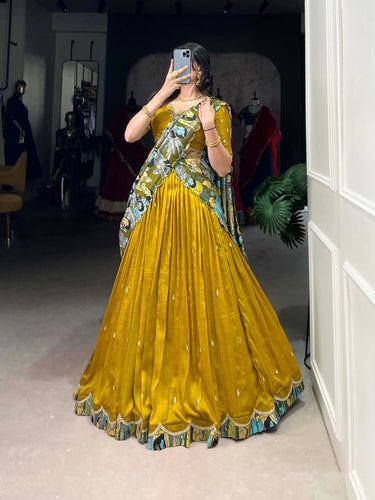 Mustard Vichitra Silk Embroidered Lehenga Set with Kalamkari Print Dupatta ClothsVilla