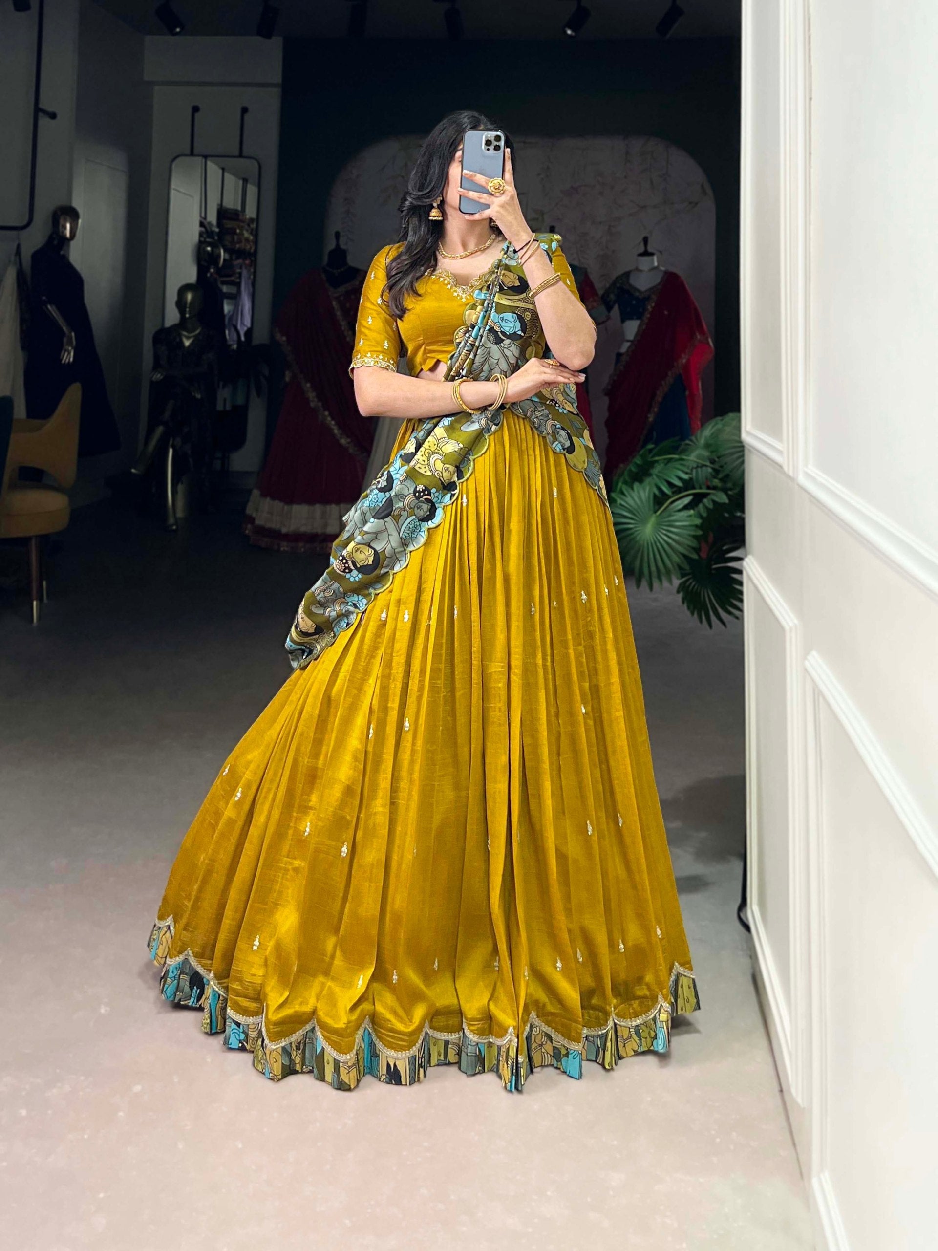 Mustard Vichitra Silk Embroidered Lehenga Set with Kalamkari Print Dupatta ClothsVilla Main image