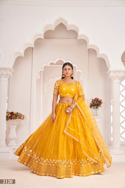 Mustard Yellow Butterfly Net Lehenga with Thread & Mirror Work Embroidery Clothsvilla Main image